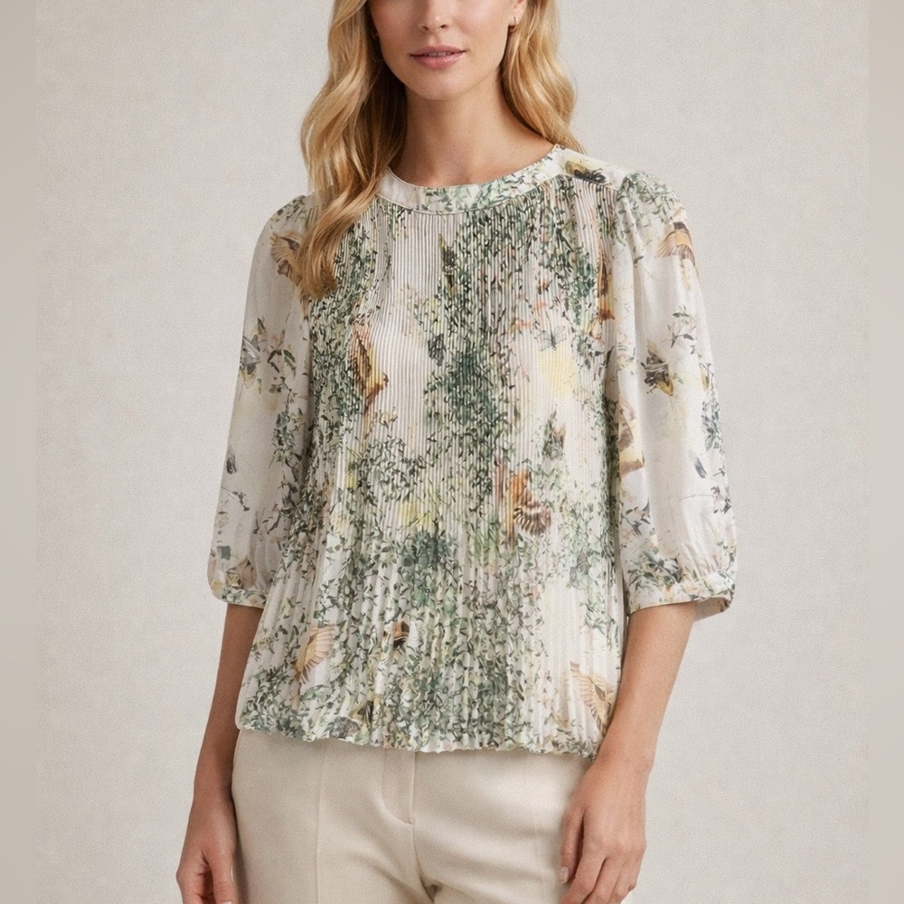 TED BAKER Women’s Dancing Leaves Sheer Pleated 3/4 Sleeved Blouse Sz US 10/L NWT